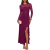 MEROKEETY Womens Fall Wedding Guest Cocktail Long Sleeve Bodycon Maxi Dress | Mesh, Ruffle Side Slit, Ruched, Sheer Sleeve, Long, Stretchy Lightweight, Formal Elengant Sexy, Party, Baby Shower, Prom Hoco(Fuchsia)