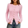 MEROKEETY Women’s Long Sleeve Fall Cardigan Sweaters Knit Tops 2026 | Lightweight, Crew Neck, Button Down, Open Front, Wavy Placket, Slim Fit, Ribbed, Soft Sweater, Fall Fashion, Winter Outfits(Pink)
