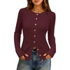 MEROKEETY Women’s Long Sleeve Fall Cardigan Sweaters Knit Tops 2026 | Lightweight, Crew Neck, Button Down, Open Front, Wavy Placket, Slim Fit, Ribbed, Soft Sweater, Fall Fashion, Winter Outfits(Wine)
