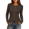 MEROKEETY Women’s Long Sleeve Fall Cardigan Sweaters Knit Tops 2026 | Lightweight, Crew Neck, Button Down, Open Front, Wavy Placket, Slim Fit, Ribbed, Soft Sweater, Fall Fashion, Winter Outfits(Coffee)