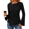 MEROKEETY Womens Peplum Tops Long Sleeve Fall Dressy Business Casual Blouse | Elegant Trendy Shirts, Work Office Outfit, Ruched Waist, Crew Neckline, Slim Fit, Flared Sleeves, 2026 Fall Fashion Clothes(Black)