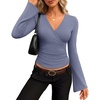 MEROKEETY Womens Wrap V Neck Long Sleeve Tops Fall Shirts | Slim Fitted, Cinched Waist Ruched, Stretchy Soft, Sexy Dressy Shirt, Going Out Clothes, Y2K Outfits, Light Workouts Blouse(Blue)