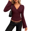 MEROKEETY Womens Wrap V Neck Long Sleeve Tops Fall Shirts | Slim Fitted, Cinched Waist Ruched, Stretchy Soft, Sexy Dressy Shirt, Going Out Clothes, Y2K Outfits, Light Workouts Blouse(Burgundy)
