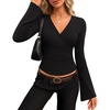 MEROKEETY Womens Wrap V Neck Long Sleeve Tops Fall Shirts | Slim Fitted, Cinched Waist Ruched, Stretchy Soft, Sexy Dressy Shirt, Going Out Clothes, Y2K Outfits, Light Workouts Blouse(Black)