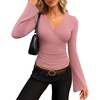MEROKEETY Womens Wrap V Neck Long Sleeve Tops Fall Shirts | Slim Fitted, Cinched Waist Ruched, Stretchy Soft, Sexy Dressy Shirt, Going Out Clothes, Y2K Outfits, Light Workouts Blouse(Pink)