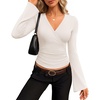 MEROKEETY Womens Wrap V Neck Long Sleeve Tops Fall Shirts | Slim Fitted, Cinched Waist Ruched, Stretchy Soft, Sexy Dressy Shirt, Going Out Clothes, Y2K Outfits, Light Workouts Blouse(White)