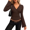 MEROKEETY Womens Wrap V Neck Long Sleeve Tops Fall Shirts | Slim Fitted, Cinched Waist Ruched, Stretchy Soft, Sexy Dressy Shirt, Going Out Clothes, Y2K Outfits, Light Workouts Blouse(Coffee)