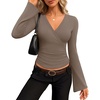 MEROKEETY Womens Wrap V Neck Long Sleeve Tops Fall Shirts | Slim Fitted, Cinched Waist Ruched, Stretchy Soft, Sexy Dressy Shirt, Going Out Clothes, Y2K Outfits, Light Workouts Blouse(Mocha)