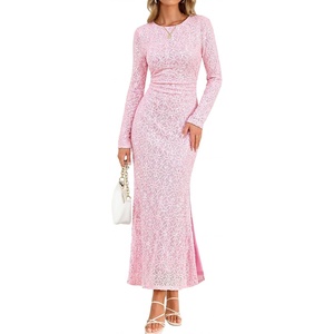 MEROKEETY Formal Fall Long Sleeve Sequin Bodycon Maxi Dress Women 2026 Gown | Sparkly, Fancy Jacquard Mesh, Lined, Side Slit, Lace-like, Cocktail Party, Dinner, Evening, Holiday, Wedding Guest Long Dress(Pink)
