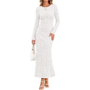 MEROKEETY Formal Fall Long Sleeve Sequin Bodycon Maxi Dress Women 2026 Gown | Sparkly, Fancy Jacquard Mesh, Lined, Side Slit, Lace-like, Cocktail Party, Dinner, Evening, Holiday, Wedding Guest Long Dress(White)