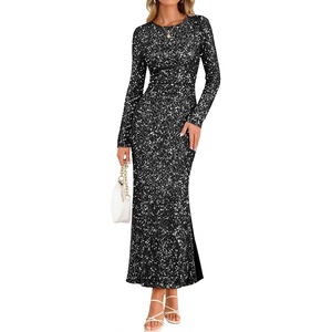 MEROKEETY Formal Fall Long Sleeve Sequin Bodycon Maxi Dress Women 2026 Gown | Sparkly, Fancy Jacquard Mesh, Lined, Side Slit, Lace-like, Cocktail Party, Dinner, Evening, Holiday, Wedding Guest Long Dress(Black)