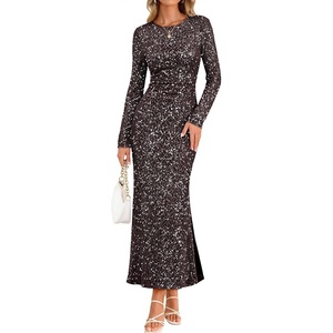 MEROKEETY Formal Fall Long Sleeve Sequin Bodycon Maxi Dress Women 2026 Gown | Sparkly, Fancy Jacquard Mesh, Lined, Side Slit, Lace-like, Cocktail Party, Dinner, Evening, Holiday, Wedding Guest Long Dress(Brown)