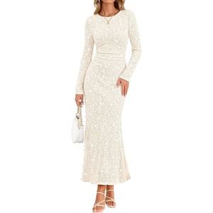 MEROKEETY Formal Fall Long Sleeve Sequin Bodycon Maxi Dress Women 2026 Gown | Sparkly, Fancy Jacquard Mesh, Lined, Side Slit, Lace-like, Cocktail Party, Dinner, Evening, Holiday, Wedding Guest Long Dress(Apricot)