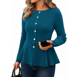 MEROKEETY Long Sleeve Fitted Waist Cardigan Sweaters for Women 2026 Fall | Crew Neck, Button Down, Open Front, Flattering Peplum Hem, Business Casual Cardigan, Soft Sweater, Winter Trendy Outfits(Teal)