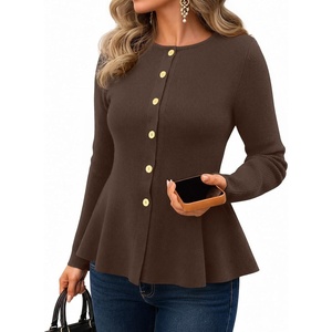 MEROKEETY Long Sleeve Fitted Waist Cardigan Sweaters for Women 2026 Fall | Crew Neck, Button Down, Open Front, Flattering Peplum Hem, Business Casual Cardigan, Soft Sweater, Winter Trendy Outfits(Coffee)