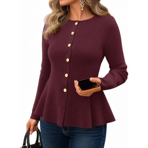 MEROKEETY Long Sleeve Fitted Waist Cardigan Sweaters for Women 2026 Fall | Crew Neck, Button Down, Open Front, Flattering Peplum Hem, Business Casual Cardigan, Soft Sweater, Winter Trendy Outfits(Wine)