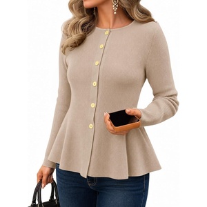 MEROKEETY Long Sleeve Fitted Waist Cardigan Sweaters for Women 2026 Fall | Crew Neck, Button Down, Open Front, Flattering Peplum Hem, Business Casual Cardigan, Soft Sweater, Winter Trendy Outfits(Oatmeal)