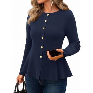 MEROKEETY Long Sleeve Fitted Waist Cardigan Sweaters for Women 2026 Fall | Crew Neck, Button Down, Open Front, Flattering Peplum Hem, Business Casual Cardigan, Soft Sweater, Winter Trendy Outfits(Navy)