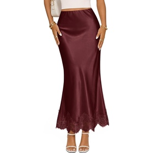 MEROKEETY Women’s 2026 Fashion Satin Lace Trim Business Casual Maxi Skirts | Silk Skirt, Mermaid Fishtail, Elastic High Waist, Flowy Long Skirt, Elegant Classy, Dressy Casual, Fall Trendy Outfits(Wine)