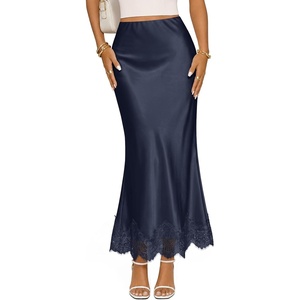 MEROKEETY Women’s 2026 Fashion Satin Lace Trim Business Casual Maxi Skirts | Silk Skirt, Mermaid Fishtail, Elastic High Waist, Flowy Long Skirt, Elegant Classy, Dressy Casual, Fall Trendy Outfits(Navy)