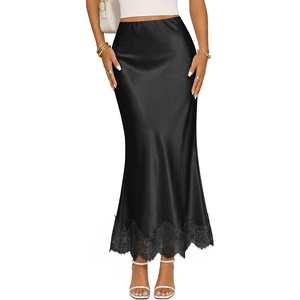MEROKEETY Women’s 2026 Fashion Satin Lace Trim Business Casual Maxi Skirts | Silk Skirt, Mermaid Fishtail, Elastic High Waist, Flowy Long Skirt, Elegant Classy, Dressy Casual, Fall Trendy Outfits(Black)