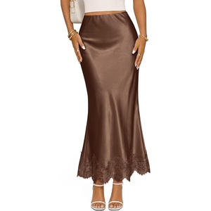 MEROKEETY Women’s 2026 Fashion Satin Lace Trim Business Casual Maxi Skirts | Silk Skirt, Mermaid Fishtail, Elastic High Waist, Flowy Long Skirt, Elegant Classy, Dressy Casual, Fall Trendy Outfits(Coffee)