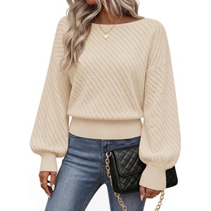 MEROKEETY Womens Boat Neck Long Lantern Sleeve Sweaters 2026 Dressy Casual | Hollow Out, Knitted, Cozy, Loose Ribbed Hem Pullover, Trendy Drop Shoulder Jumper Top, Fall Fashion, Layering Winter Clothing(Sand)