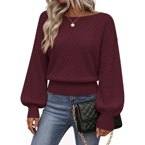 MEROKEETY Womens Boat Neck Long Lantern Sleeve Sweaters 2026 Dressy Casual | Hollow Out, Knitted, Cozy, Loose Ribbed Hem Pullover, Trendy Drop Shoulder Jumper Top, Fall Fashion, Layering Winter Clothing(Wine)
