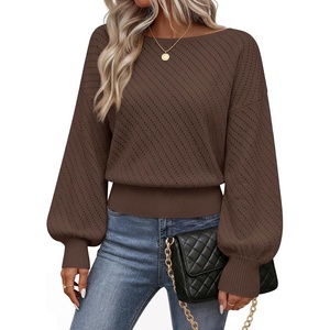 MEROKEETY Womens Boat Neck Long Lantern Sleeve Sweaters 2026 Dressy Casual | Hollow Out, Knitted, Cozy, Loose Ribbed Hem Pullover, Trendy Drop Shoulder Jumper Top, Fall Fashion, Layering Winter Clothing(Coffee)
