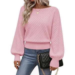 MEROKEETY Womens Boat Neck Long Lantern Sleeve Sweaters 2026 Dressy Casual | Hollow Out, Knitted, Cozy, Loose Ribbed Hem Pullover, Trendy Drop Shoulder Jumper Top, Fall Fashion, Layering Winter Clothing(Pink)
