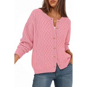 MEROKEETY Womens Chunky Button Up Cable Knit Trendy Cardigan Sweaters | Cozy Vintage Knit, Horn Buttons, Open Front Cardigan, 2026 Fall Fashion Sweaters, Loose Fit, Trendy Outfits, Winter Outerwear(Pink)
