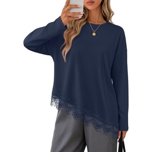 MEROKEETY Womens Fall Asymmetric Lace Long Sleeve Top 2026 | Crew Neck, Drop Shoulder, Loose Fit, Cotton Blend, Soft Stretchy, Going Out Clothes, Dressy Casual Blouse, Trendy T Shirts(Navy)