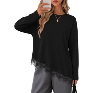 MEROKEETY Womens Fall Asymmetric Lace Long Sleeve Top 2026 | Crew Neck, Drop Shoulder, Loose Fit, Cotton Blend, Soft Stretchy, Going Out Clothes, Dressy Casual Blouse, Trendy T Shirts(Black)