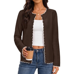 MEROKEETY Women’s Fall Button Down Cute Cardigan Sweater Trendy | 2026, Long Sleeve, Open Front Coat, Scalloped Ribbed Trim, Cozy Knit, Contrast Color, Crewneck, Regular Fit, Casual Outfits(Coffee)