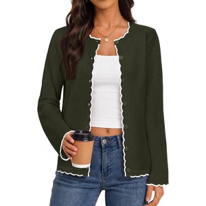 MEROKEETY Women’s Fall Button Down Cute Cardigan Sweater Trendy | 2026, Long Sleeve, Open Front Coat, Scalloped Ribbed Trim, Cozy Knit, Contrast Color, Crewneck, Regular Fit, Casual Outfits(Green)