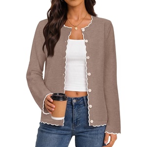 MEROKEETY Women’s Fall Button Down Cute Cardigan Sweater Trendy | 2026, Long Sleeve, Open Front Coat, Scalloped Ribbed Trim, Cozy Knit, Contrast Color, Crewneck, Regular Fit, Casual Outfits(Camel)