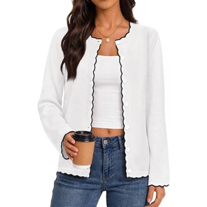 MEROKEETY Women’s Fall Button Down Cute Cardigan Sweater Trendy | 2026, Long Sleeve, Open Front Coat, Scalloped Ribbed Trim, Cozy Knit, Contrast Color, Crewneck, Regular Fit, Casual Outfits(White)