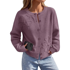 MEROKEETY Women’s Fall Floral Button Up Lightweight Cardigan Sweater Trendy | Long Sleeve, 3D Flowers, Ribbed Knit Details, Soft Fabric, Loose Fit Outfits, Warm Cozy Sweaters, 2026 Winter Clothes(Purple)
