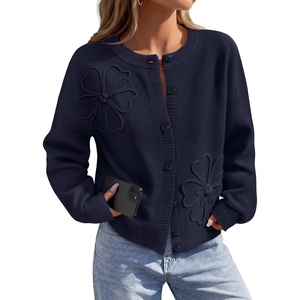 MEROKEETY Women’s Fall Floral Button Up Lightweight Cardigan Sweater Trendy | Long Sleeve, 3D Flowers, Ribbed Knit Details, Soft Fabric, Loose Fit Outfits, Warm Cozy Sweaters, 2026 Winter Clothes(Navy)