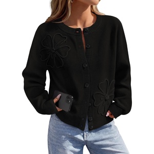 MEROKEETY Women’s Fall Floral Button Up Lightweight Cardigan Sweater Trendy | Long Sleeve, 3D Flowers, Ribbed Knit Details, Soft Fabric, Loose Fit Outfits, Warm Cozy Sweaters, 2026 Winter Clothes(Black)