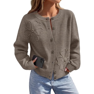 MEROKEETY Women’s Fall Floral Button Up Lightweight Cardigan Sweater Trendy | Long Sleeve, 3D Flowers, Ribbed Knit Details, Soft Fabric, Loose Fit Outfits, Warm Cozy Sweaters, 2026 Winter Clothes(Mocha)