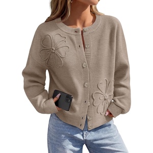 MEROKEETY Women’s Fall Floral Button Up Lightweight Cardigan Sweater Trendy | Long Sleeve, 3D Flowers, Ribbed Knit Details, Soft Fabric, Loose Fit Outfits, Warm Cozy Sweaters, 2026 Winter Clothes(Camel)