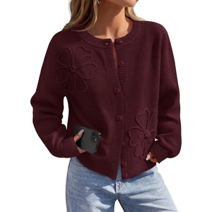 MEROKEETY Women’s Fall Floral Button Up Lightweight Cardigan Sweater Trendy | Long Sleeve, 3D Flowers, Ribbed Knit Details, Soft Fabric, Loose Fit Outfits, Warm Cozy Sweaters, 2026 Winter Clothes(Wine)