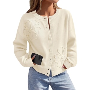 MEROKEETY Women’s Fall Floral Button Up Lightweight Cardigan Sweater Trendy | Long Sleeve, 3D Flowers, Ribbed Knit Details, Soft Fabric, Loose Fit Outfits, Warm Cozy Sweaters, 2026 Winter Clothes(Beige)