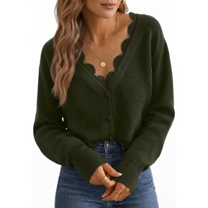 MEROKEETY Women’s Fall Lace V Neck Button Up Cardigan Sweaters Trendy Work | Long Sleeve, Scalloped Trim, Cozy, Lightweight, Soft Knit Sweater Top, Fashion, Old Money Clothes, Dressy Casual Layering Top(Army)