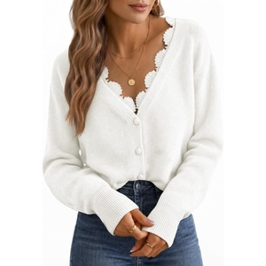 MEROKEETY Women’s Fall Lace V Neck Button Up Cardigan Sweaters Trendy Work | Long Sleeve, Scalloped Trim, Cozy, Lightweight, Soft Knit Sweater Top, Fashion, Old Money Clothes, Dressy Casual Layering Top(White)