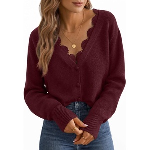 MEROKEETY Women’s Fall Lace V Neck Button Up Cardigan Sweaters Trendy Work | Long Sleeve, Scalloped Trim, Cozy, Lightweight, Soft Knit Sweater Top, Fashion, Old Money Clothes, Dressy Casual Layering Top(Burgundy)