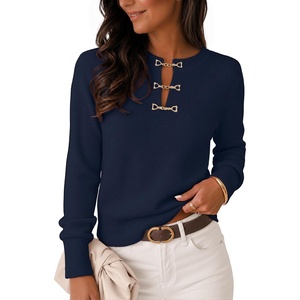 MEROKEETY Women’s Fall Lightweight Sweater Business Casual Tops | Ladies Work Sweaters, Notched Neck, Long Sleeve, Horse bit Accents, Vintage Pullover, 2026 Winter Fashion Clothing(Navy)