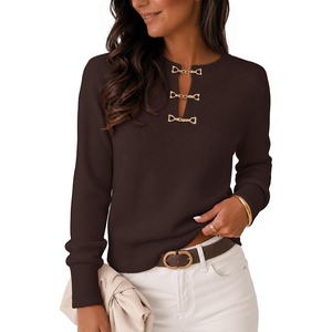 MEROKEETY Women’s Fall Lightweight Sweater Business Casual Tops | Ladies Work Sweaters, Notched Neck, Long Sleeve, Horse bit Accents, Vintage Pullover, 2026 Winter Fashion Clothing(Coffee)