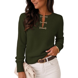 MEROKEETY Women’s Fall Lightweight Sweater Business Casual Tops | Ladies Work Sweaters, Notched Neck, Long Sleeve, Horse bit Accents, Vintage Pullover, 2026 Winter Fashion Clothing(Armygreen)